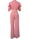 Wide-Leg Pink Pants Set w/ Tie-Up Top